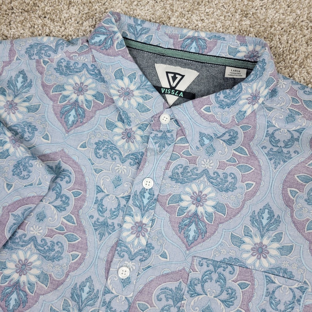 Vissla Mens Large Blue AOP Floral Hawaiian Button Up Short Sleeve